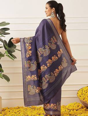 Navy blue printed art silk ethnic saree with blouse piece 2