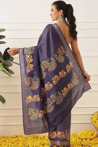 Navy blue printed art silk ethnic saree with blouse piece