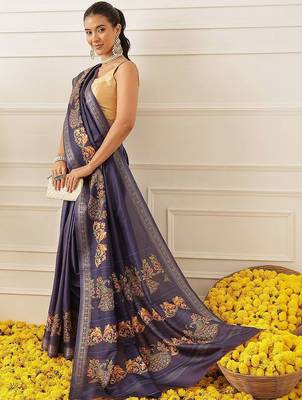 Navy blue printed art silk ethnic saree with blouse piece 3