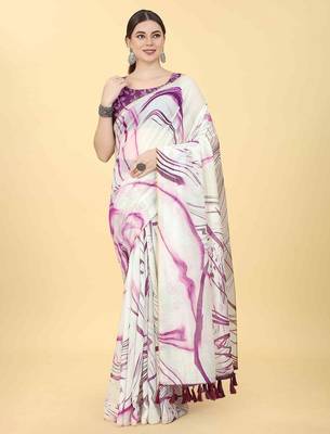 White printed cotton blend ethnic saree with blouse piece 1