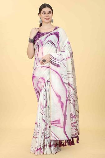 White printed cotton blend ethnic saree with blouse piece