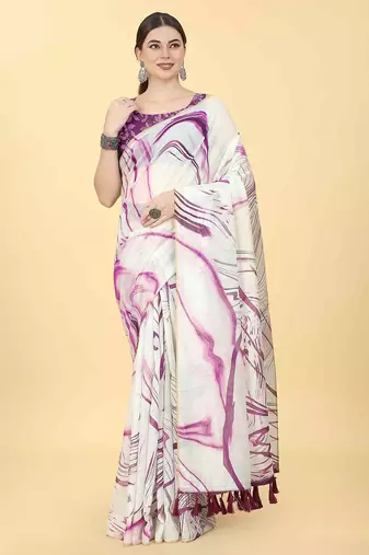 White printed cotton blend ethnic saree with blouse piece