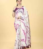 White printed cotton blend ethnic saree with blouse piece