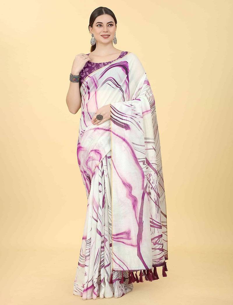 White printed cotton blend ethnic saree with blouse piece