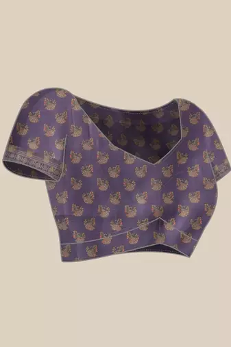 Navy blue printed art silk ethnic saree with blouse piece