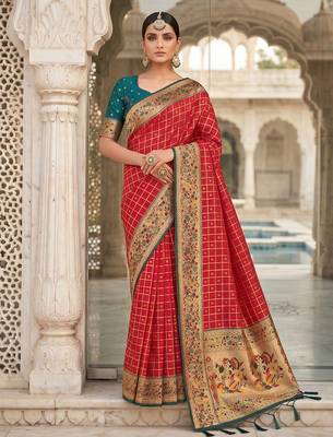women's red banarasi silk blend saree with zari check work & contrast blouse - wedding party wear 1
