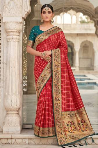 women's red banarasi silk blend saree with zari check work & contrast blouse - wedding party wear