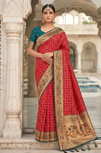 women's red banarasi silk blend saree with zari check work & contrast blouse - wedding party wear