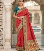 women's red banarasi silk blend saree with zari check work & contrast blouse - wedding party wear