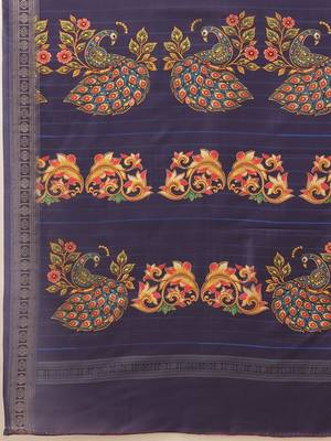 Navy blue printed art silk ethnic saree with blouse piece 5