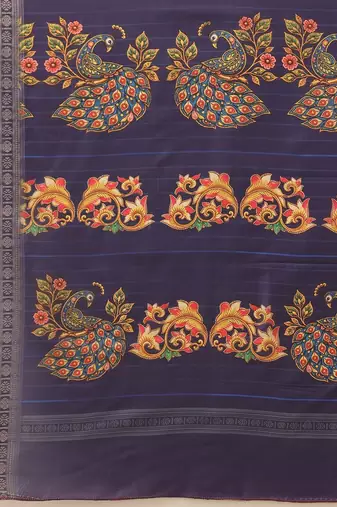 Navy blue printed art silk ethnic saree with blouse piece