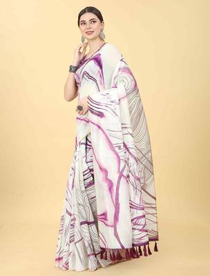 White printed cotton blend ethnic saree with blouse piece 2
