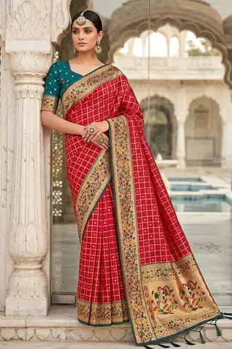 women's red banarasi silk blend saree with zari check work & contrast blouse - wedding party wear