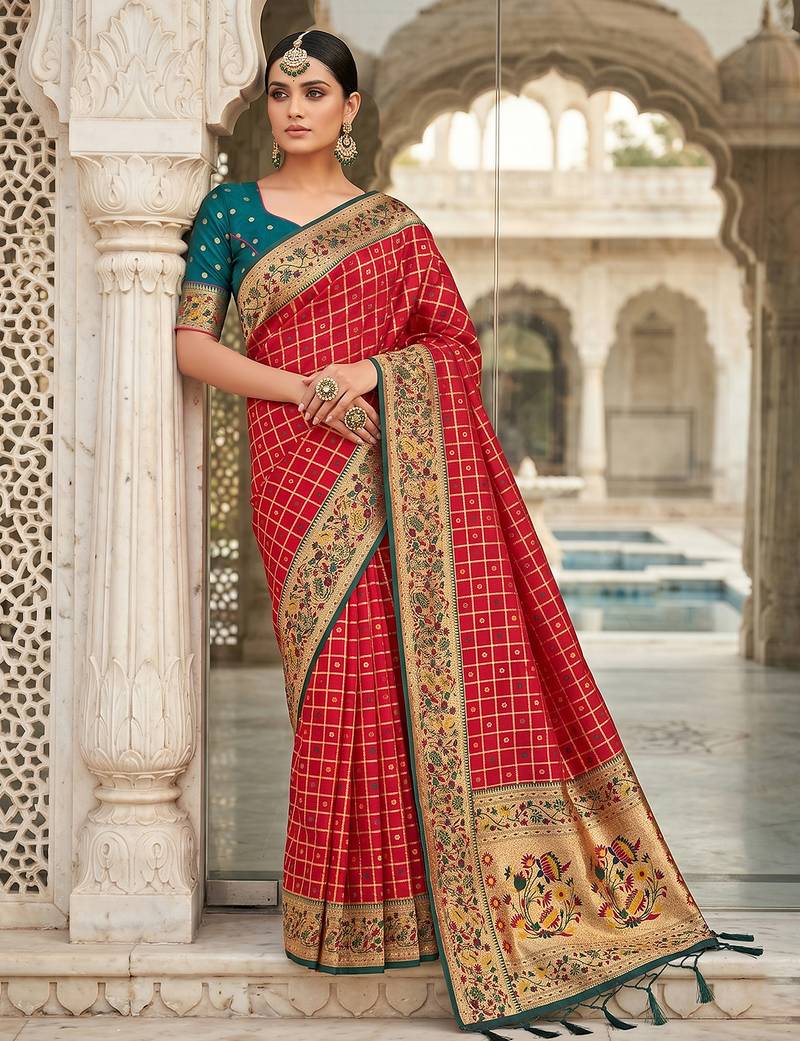 women's red banarasi silk blend saree with zari check work & contrast blouse - wedding party wear