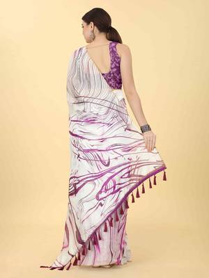 White printed cotton blend ethnic saree with blouse piece 3