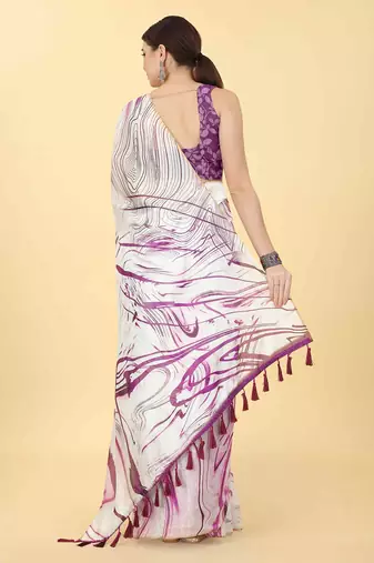 White printed cotton blend ethnic saree with blouse piece