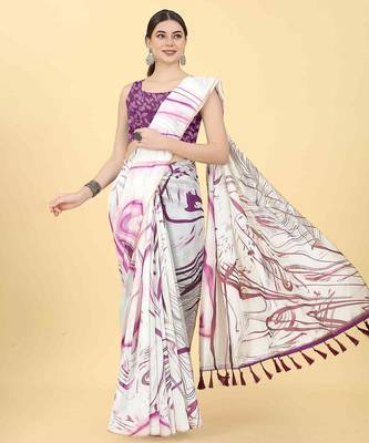 White printed cotton blend ethnic saree with blouse piece 4
