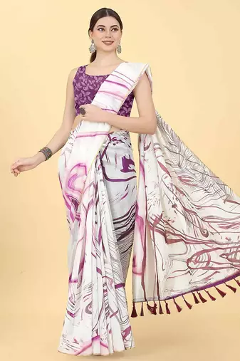 White printed cotton blend ethnic saree with blouse piece