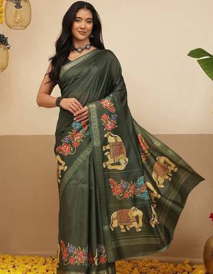 Olive printed art silk ethnic saree with blouse piece 1