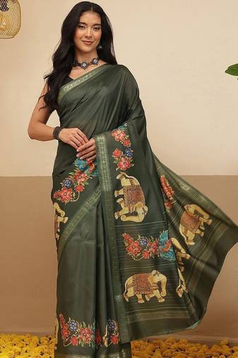 Olive printed art silk ethnic saree with blouse piece