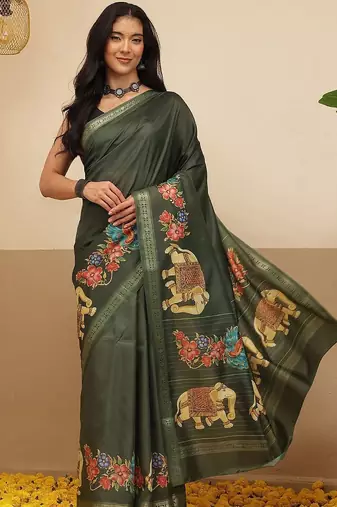 Olive printed art silk ethnic saree with blouse piece