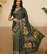 Olive printed art silk ethnic saree with blouse piece