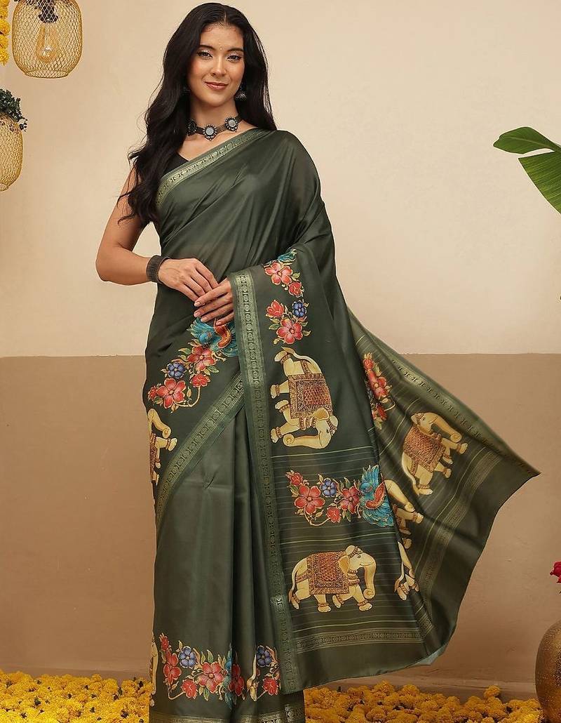 Olive printed art silk ethnic saree with blouse piece
