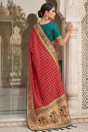 women's red banarasi silk blend saree with zari check work & contrast blouse - wedding party wear