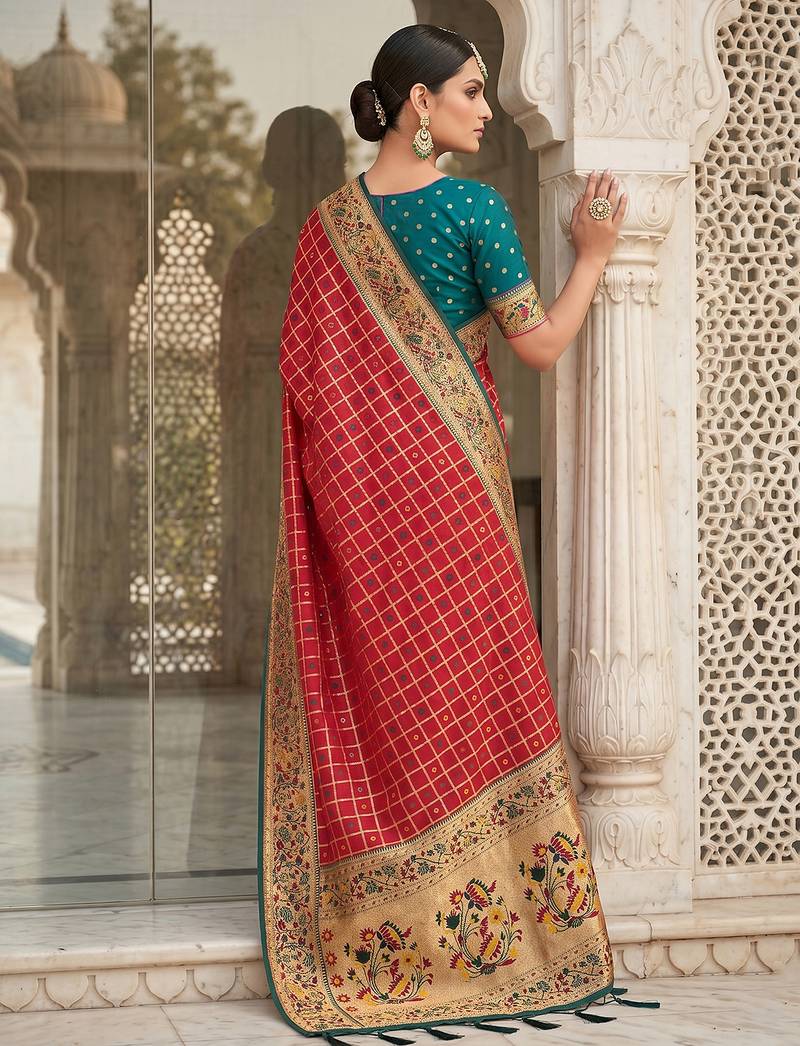 women's red banarasi silk blend saree with zari check work & contrast blouse - wedding party wear