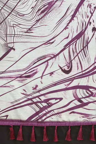 White printed cotton blend ethnic saree with blouse piece