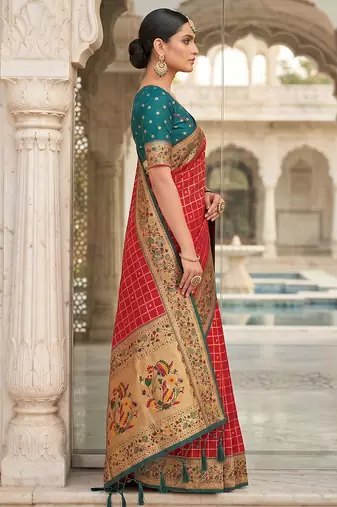 women's red banarasi silk blend saree with zari check work & contrast blouse - wedding party wear