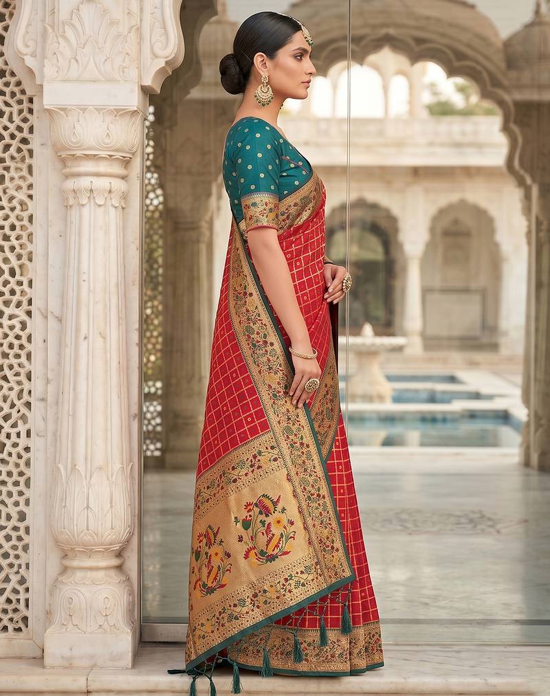 women's red banarasi silk blend saree with zari check work & contrast blouse - wedding party wear