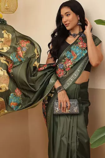 Olive printed art silk ethnic saree with blouse piece