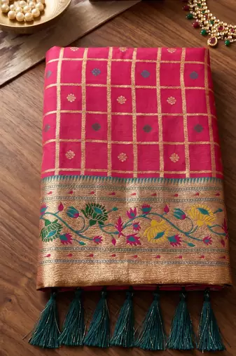 women's red banarasi silk blend saree with zari check work & contrast blouse - wedding party wear