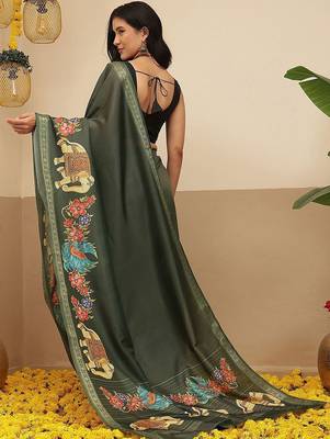 Olive printed art silk ethnic saree with blouse piece 3