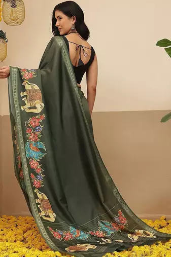 Olive printed art silk ethnic saree with blouse piece