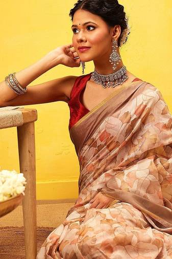 Beige printed cotton blend ethnic saree with blouse piece