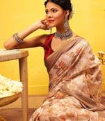 Beige printed cotton blend ethnic saree with blouse piece