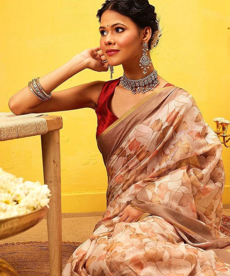 Beige printed cotton blend ethnic saree with blouse piece