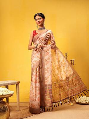 Beige printed cotton blend ethnic saree with blouse piece 2