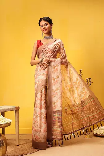 Beige printed cotton blend ethnic saree with blouse piece