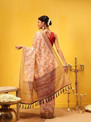Beige printed cotton blend ethnic saree with blouse piece 3