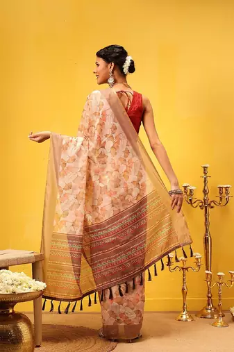 Beige printed cotton blend ethnic saree with blouse piece