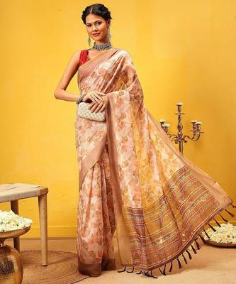 Beige printed cotton blend ethnic saree with blouse piece 4