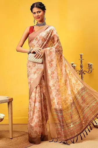 Beige printed cotton blend ethnic saree with blouse piece