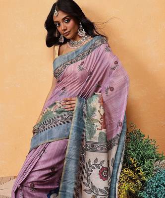 Pink printed cotton blend ethnic saree with blouse piece 1