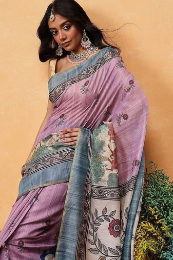Pink printed cotton blend ethnic saree with blouse piece