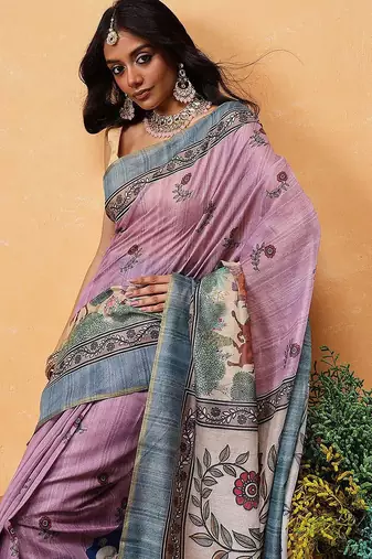 Pink printed cotton blend ethnic saree with blouse piece