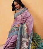 Pink printed cotton blend ethnic saree with blouse piece