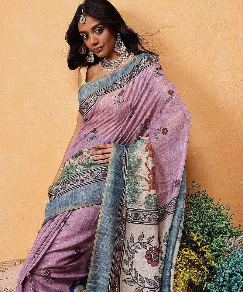 Pink printed cotton blend ethnic saree with blouse piece